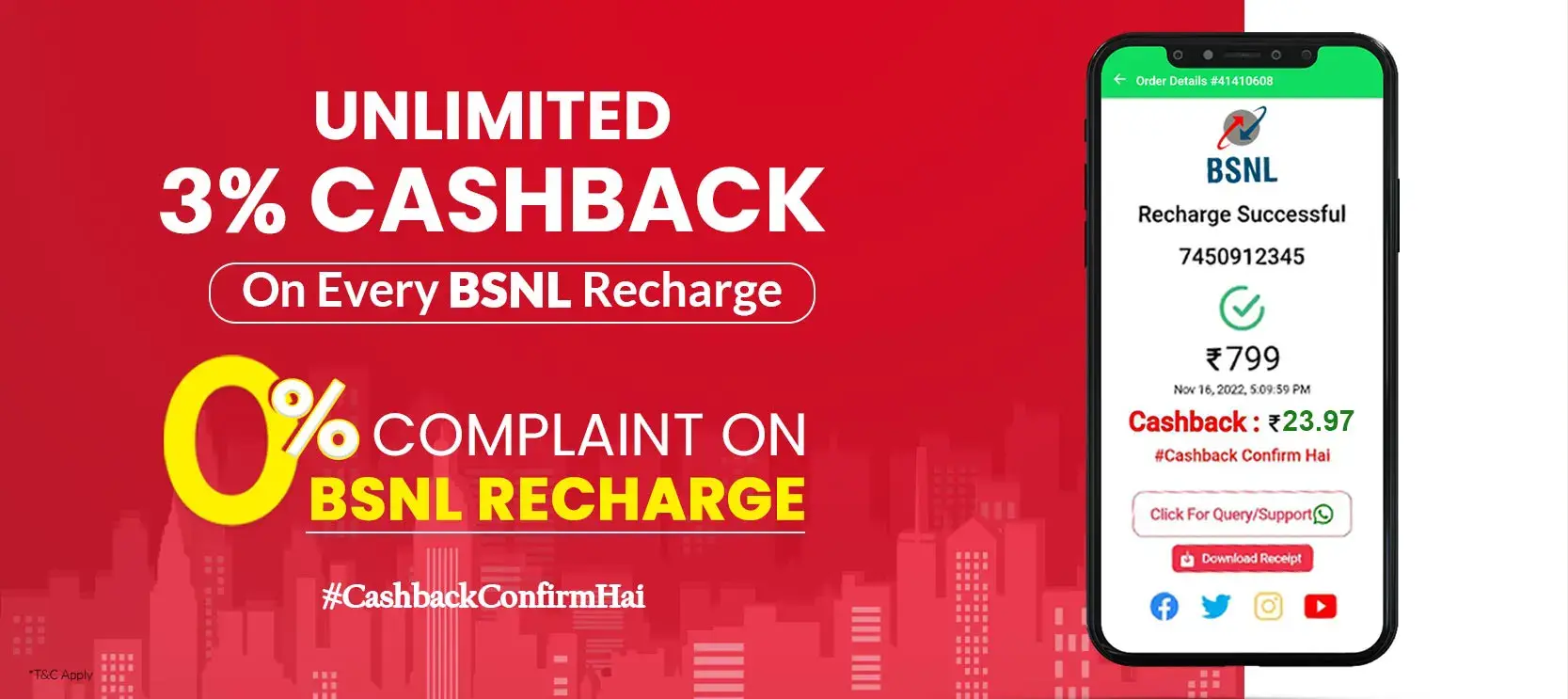 Get UNLIMITED <b>3%</b> CASHBACK on BSNL – Special Prepaid Recharges.