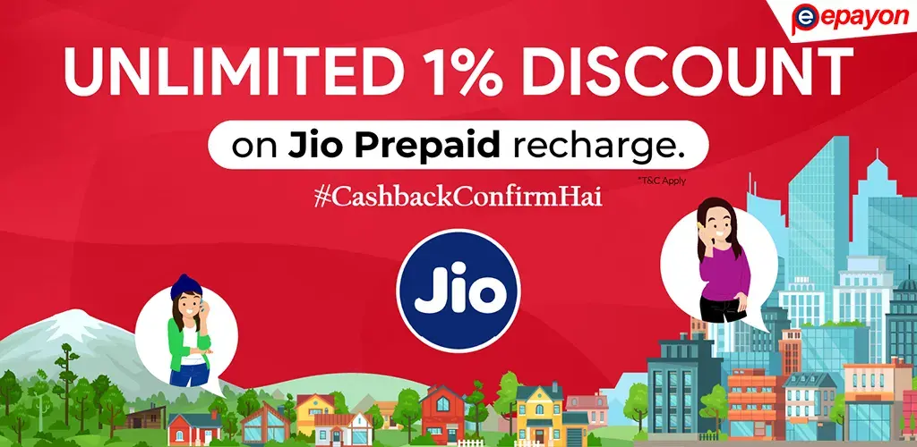 Get UNLIMITED <b>1%</b> Discount on Reliance JIO Prepaid Recharges.